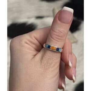 Native American Waldeck Johnson Sterling Silver Ring Spiny Turquoise Lapis WJ